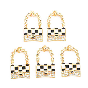 Brass Micro Pave Clear Cubic Zirconia Pendants, with Black & White Enamel, Nickel Free, Bag, Real 18K Gold Plated, 25x16x2.5mm, Jump Ring: 5x1mm, 3mm inner diameter