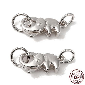 Rhodium Plated 925 Sterling Silver Lobster Claw Clasps with Jump Rings, Elephant with 925 Stamp, Platinum, 7x14x4.5mm