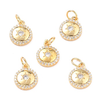 Brass Micro Pave Clear Cubic Zirconia Charms, with Jump Ring, Long-Lasting Plated, Flat Round with Star, Real 18K Gold Plated, 12x9.5x2mm, Jump Ring: 5x1mm, 3mm Inner Diameter