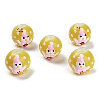 Christmas Theme Handmade Lampwork Beads, with Enamel, Round with Snowman, Yellow, 12.5~13x11mm, Hole: 1.6mm