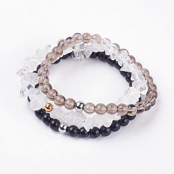 Natural Mixed Gemstone Stretch Bracelets, Smoky Quartz & Obsidian & Quartz Crystal, with 304 Stainless Steel Beads, Cardboard Jewelry Box Packing, 2 inch~2-1/4 inch(52~57mm), 3strands/set