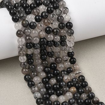 Natural Tourmalinated Quartz/Black Rutilated Quartz Beads Strands, Round, Mixed Color, 6~7mm, Hole: 1mm, about 12~13pcs/strand, 29.53''(75cm)~31.50''(80cm)