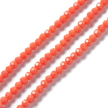 Faceted(32 Facets) Glass Beads Strands, Round, Tomato, 4mm, Hole: 1mm, about 99~107pcs/strand, 14.09~15.43''(35.8~39.2cm)