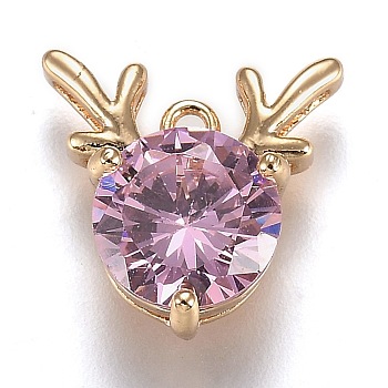 Golden Plated Brass Micro Pave Cubic Zirconia Charms, Antler Deer Shape, Plum, 13x12.5x5.5mm, Hole: 1.2mm