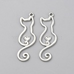 Alloy Pendants, Hollow Cat Shape Charms, Platinum, 34x11.5x1.5mm, Hole: 1.4mm(FIND-WH0111-744P)