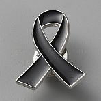 Mourning Ribbon Enamel Pins, Platinum Tone Alloy Brooches for Backpack Clothes, Black, 26x21x1.5mm(JEWB-WH0022-88E)