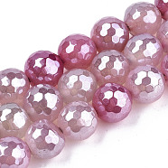 Electroplate Natural Agate Beads Strands, Dyed, Faceted, Pearl Luster Plated, Round, Pearl Pink, 10.5mm, Hole: 1.2mm, about 36~37pcs/strand, 14.37 inch~14.57 inch(36.5cm~37cm)(G-T131-55-34)