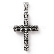 304 Stainless Steel Pendants, with 201 Stainless Steel Snap on Bails, Halloween Skull Cross Charm, Antique Silver, 55.5x31.5x7.5mm, Hole: 9x5mm(STAS-A083-01AS)