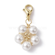 Copper Wire Shell Pearl Pendant Decorations, with 304 Stainless Steel Clasp, Flower, Golden, 32mm(HJEW-JM01160)