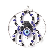 Brass Pendants, with Glass Seed & Evil Eye Lampwork & Natural Lava Rock Beads, Ring with Spider Charms, Blue, 44~48x40~43x8mm, Hole: 1mm and 2mm(PALLOY-TA00032-03)