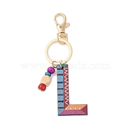 Wood Keychain, with Dye & Iron Key Ring, Letter L, 11.6~12.1cm(KEYC-S256-01L)