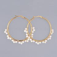 304 Stainless Steel Hoop Earrings, Beaded Hoop Earrings, with Natural Cultured Freshwater Pearl Beads, Ring, Golden, 44.5mm, Pin: 0.6x1mm(EJEW-JE03752)