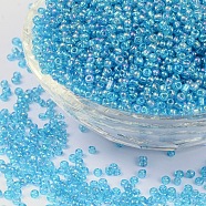 12/0 Round Glass Seed Beads, Transparent Colours Rainbow, Round Hole, Dark Turquoise, 12/0, 2mm, Hole: 1mm, about 3333pcs/50g, 50g/bag, 18bags/2pounds(SEED-US0003-2mm-163B)