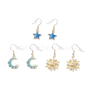 3 Pairs 3 Styles Star & Moon & Sun Alloy Enamel Dangle Earrings, Brass Jewelry for Women, Mixed Color, 32~41mm, Pin: 0.6mm, 1 pair/style(EJEW-JE04870)
