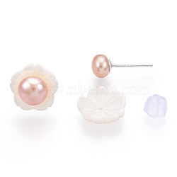 Natural Pearl & White Shell Flower Stud Earrings, with 925 Sterling Silver Pins, Seashell Color, 10x14.5mm, Pin: 0.8mm(PEAR-N020-05J)