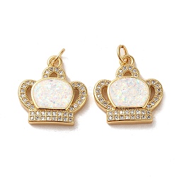 Brass Micro Pave Cubic Zirconia with Synthetic Opal Pendants, with Jump Ring, Crown, Real 18K Gold Plated, 18x17x3.5mm(KK-D096-18G)