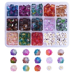 384Pcs 15 Style Polygon Two Tone Transparent Spray Painted Acrylic Beads, with Flat Round with Heart & Letter Beads, Mixed Color, about 384pcs/box(ACRP-SZ0001-04)