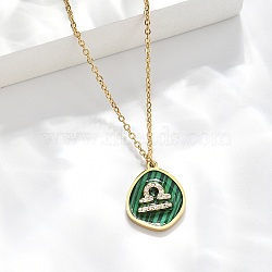 304 Stainless Steel Micro Pave Cubic Zirconia constellation Pendant Necklaces, with Synthetic Malachite, Golden, Libra, 17.72 inch(45cm) long+50mm extender(NJEW-R021-01G-07)