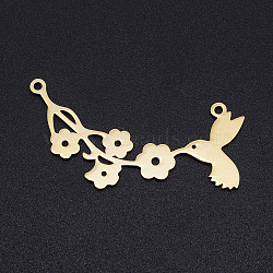 201 Stainless Steel Links connectors, Laser Cut Links, Flower with Bird, Golden, 40x19.5x1mm, Hole: 1.5mm(STAS-T054-JN783-2)