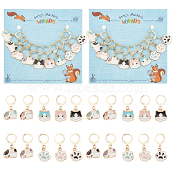 Alloy Enamel Pendant Stitch Markers, Crochet Leverback Hoop Charms, Locking Stitch Marker with Wine Glass Charm Ring, Cat Paw Print/Cat Head/Cat, Mixed Color, 2.7~3cm, 10 style, 1pc/style, 10pcs/set(HJEW-AB00241)