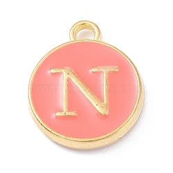 Golden Plated Alloy Enamel Charms, Enamelled Sequins, Flat Round with Alphabet, Letter.N, Hot Pink, 14x12x2mm, Hole: 1.5mm(X-ENAM-Q437-11N)