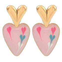 304 Stainless Steel Stud Earrings for Women, with Enamel, Heart, Golden, Pink, 29x16mm(EJEW-Z065-07G-01)