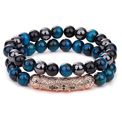 2Pcs 2 Style Dyed & Heated Natural Tiger Eye & Gemstone Stretch Bracelets Set, Cubic Zirconia Tube Beaded Essential Oil Gemstone Bracelet for Women, Teal, Inner Diameter: 2-1/8 inch(5.5cm), 1Pc/style(BJEW-SW00093)