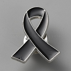 Mourning Ribbon Enamel Pins, Platinum Tone Alloy Brooches for Backpack Clothes, Black, 26x21x1.5mm(JEWB-WH0022-88E)