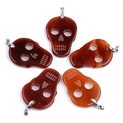 Halloween Themed Natural Agate Big Pendants, with Platinum Plated Brass Pinch Bail, Dyed, Skull, Brown, 50~53x35~36x5~6mm, Hole: 6.5x4mm(G-S359-181E)