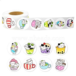 Round Paper Cat in Cup Cartoon Sticker Rolls, Decorative Sealing Stickers for Gifts, Party, Kid's Art Craft, Mixed Color, 25mm, 500pcs/roll(PW-WG36611-01)