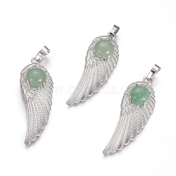 Natural Green Aventurine Pendants, with Platinum Tone Brass Findings, Wing, 47x16x7.5mm, Hole: 7x5mm(G-L512-P10)