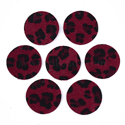 PU Leather Pendants, with Faux Horsehair Fur, Flat Round with Leopard Print Pattern  , FireBrick, 40x2.5mm, Hole: 1.8mm(FIND-S300-44D)
