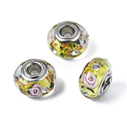 Handmade Lampwork European Beads, with Gold Foil and Rhinestone, Large Hole Rondelle Beads, with Platinum Tone Brass Double Cores, Rondelle, Yellow, 14.5x9mm, Hole: 4.5mm(LPDL-T001-06C)