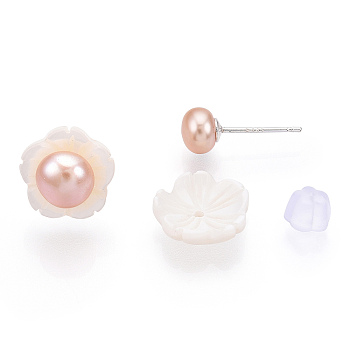 Natural Pearl & White Shell Flower Stud Earrings, with 925 Sterling Silver Pins, Seashell Color, 10x14.5mm, Pin: 0.8mm