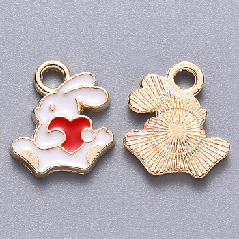 Alloy Enamel Charms, Rabbit with Heart, Light Gold, Red, 13.5x12x1.5mm, Hole: 2mm