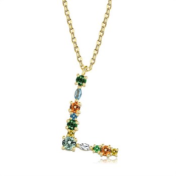 Brass Micro Pave Cubic Zirconia Pendant Necklaces, Initial Necklaces, with Cable Chains, Letter L, Colorful, Golden, 15-3/4 inch(40cm)