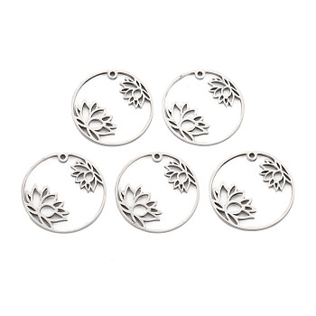 201 Stainless Steel Pendants, Ring with Flower, Stainless Steel Color, 25x1.5mm, Hole: 1.2mm
