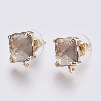 Faceted Glass Stud Earring Findings, with Loop, Light Gold Plated Brass Findings, Square, Dark Gray, 11x10x5mm, Hole: 1mm, Pin: 0.8mm