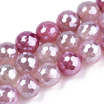 Electroplate Natural Agate Beads Strands, Dyed, Faceted, Pearl Luster Plated, Round, Pearl Pink, 10.5mm, Hole: 1.2mm, about 36~37pcs/strand, 14.37 inch~14.57 inch(36.5cm~37cm)