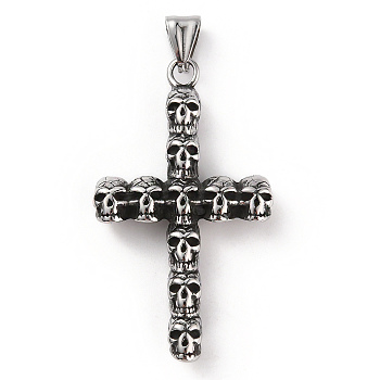 304 Stainless Steel Pendants, with 201 Stainless Steel Snap on Bails, Halloween Skull Cross Charm, Antique Silver, 55.5x31.5x7.5mm, Hole: 9x5mm