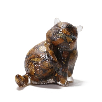 Resin Cat Display Decoration, with Natural Tiger Eye Chips inside Statues for Home Office Decorations, 45x30x35mm