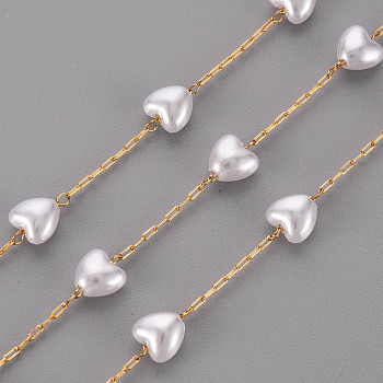 3.28 Feet Handmade ABS Plastic Imitation Pearl Beaded Chains, with 304 Stainless Steel Paperclip Chains, Drawn Elongated Cable Chains and Spool, Soldered, Heart, Real 18K Gold Plated, Link: 2.5x1x0.2mm, Heart: 6x6x4mm