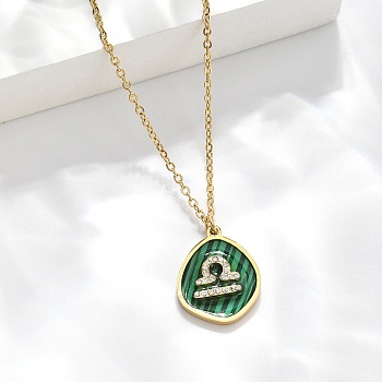 304 Stainless Steel Micro Pave Cubic Zirconia constellation Pendant Necklaces, with Synthetic Malachite, Golden, Libra, 17.72 inch(45cm) long+50mm extender