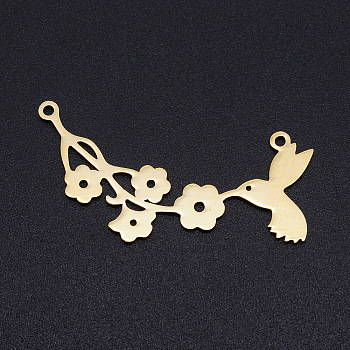 201 Stainless Steel Links connectors, Laser Cut Links, Flower with Bird, Golden, 40x19.5x1mm, Hole: 1.5mm