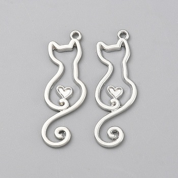 Alloy Pendants, Hollow Cat Shape Charms, Platinum, 34x11.5x1.5mm, Hole: 1.4mm