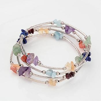 Four Loops Natural Gemstone Beaded Wrap Bracelets, with Brass Tube Beads and and Steel Memory Wire, Inner Diameter: 2-1/4 inch(5.6cm)