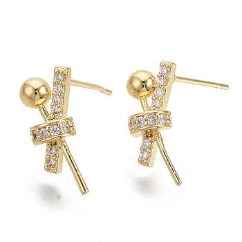 Brass Micro Pave Clear Cubic Zirconia Stud Earring Findings, Real 18K Gold Plated, Nickel Free, Bowknot, 15x7mm, Pin: 1mm