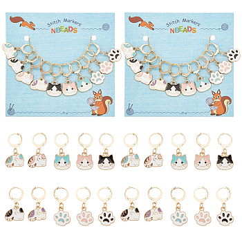 Alloy Enamel Pendant Stitch Markers, Crochet Leverback Hoop Charms, Locking Stitch Marker with Wine Glass Charm Ring, Cat Paw Print/Cat Head/Cat, Mixed Color, 2.7~3cm, 10 style, 1pc/style, 10pcs/set