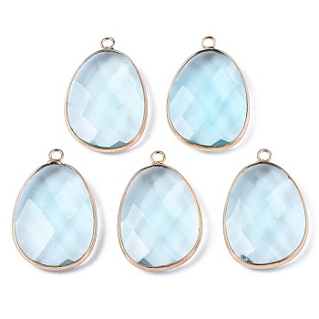 Glass Pendants, with Golden Plated Brass Edge, Faceted, Teardrop, Light Blue, 34~35x23x7mm, Hole: 2.5mm