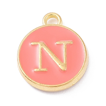 Golden Plated Alloy Enamel Charms, Enamelled Sequins, Flat Round with Alphabet, Letter.N, Hot Pink, 14x12x2mm, Hole: 1.5mm